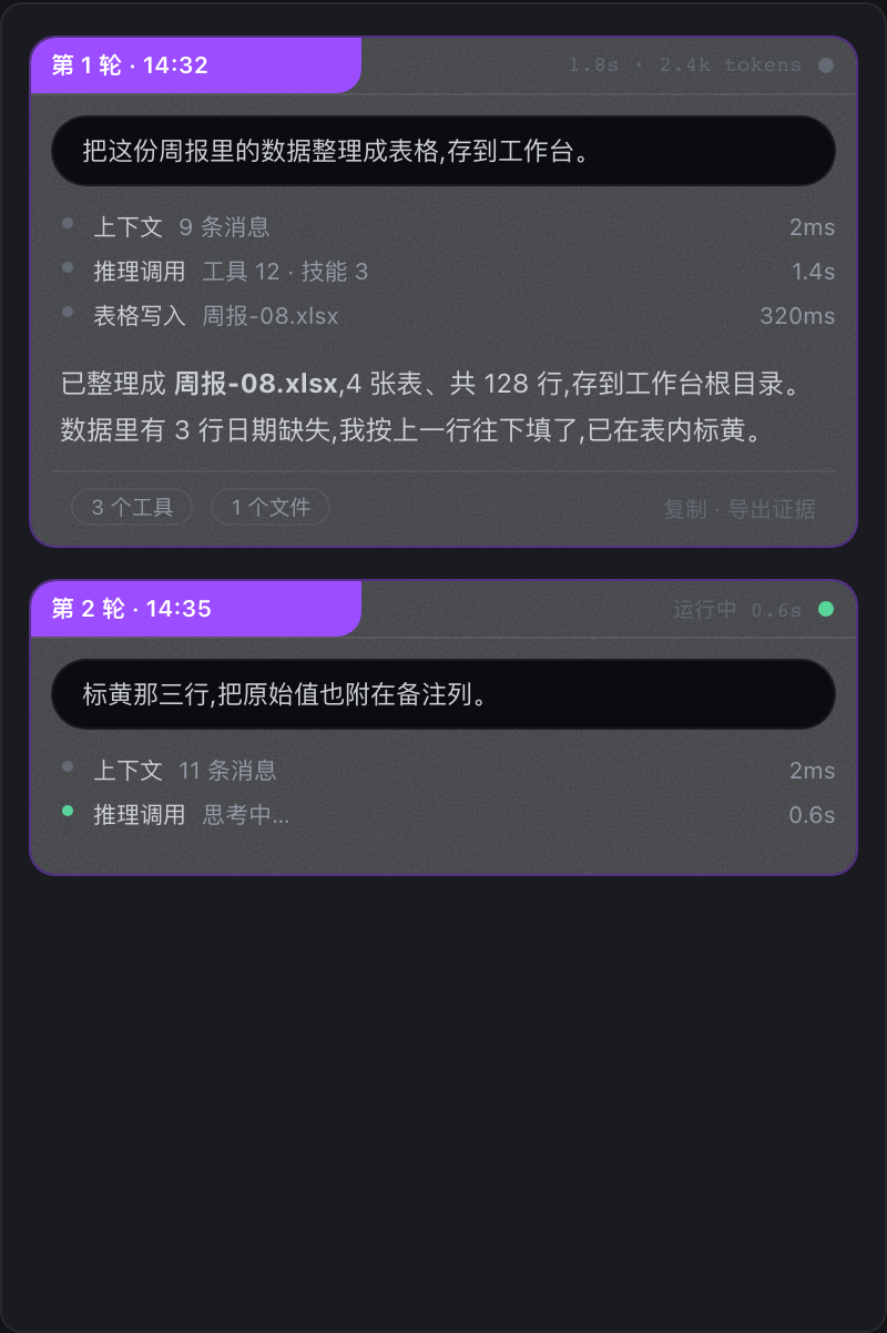 会话时间线:推理步骤与答复挂在同一条主轴上